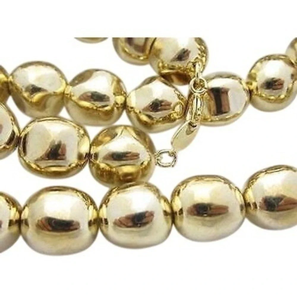 Vintage Shiny Gold Plated 11mm Bead Necklace‎ Strung On Chain*24
